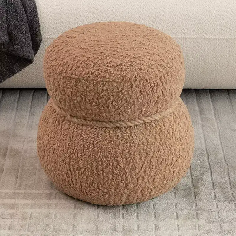 Round Snowman Ottoman Upholstered Cute Footstool Lamb Wool Vanity Stool with Wood Frame Shoe Bench for Living Room, Bedroom, Entryway