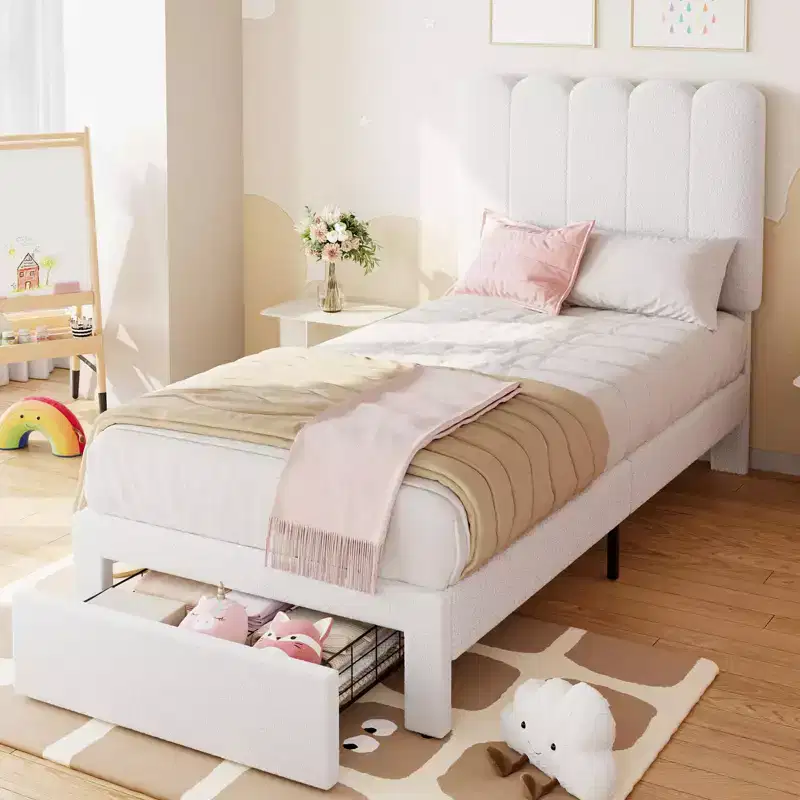 Twin Bed Frame with Storage Drawer and Headboard, Velvet Upholstered Twin Platform Bed Frame for Girls, Strong Wooden Slats Support