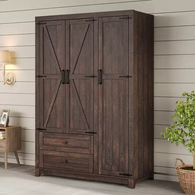 AMERLIFE 47 Farmhouse Wardrobe Armoire with 3 Doors, 2 Drawers, Hanging Rod & Adjustable Shelves, Freestanding Closet Organizer