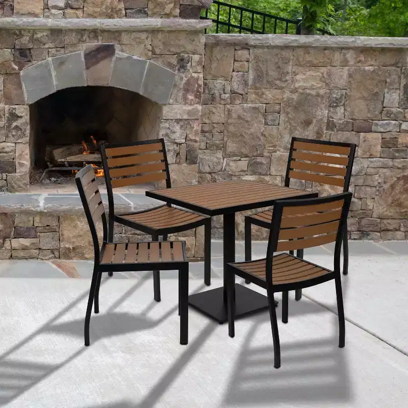 Flash Furniture Lark Outdoor Patio Bistro Dining Table Set with 4 Chairs and Faux Teak Poly Slats