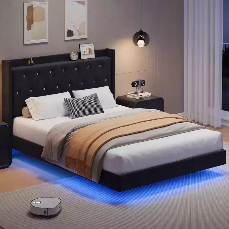 Floating Platform Bed with Velvet Upholstered Storage Headboard - No Box Spring Needed, Noise-Free