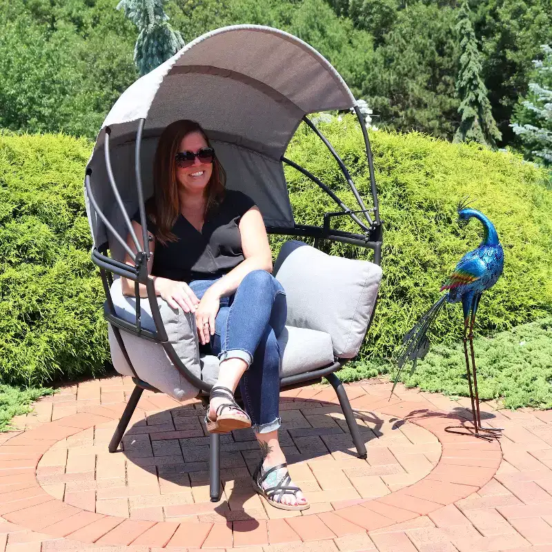 Sunnydaze Modern Luxury Patio Lounge Chair with Retractable Shade - Powder-Coated Aluminum Frame with Polyester Cushions and Canopy
