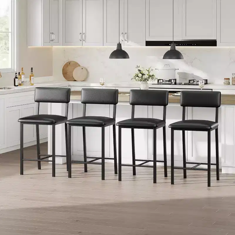 Bar Stools, Counter Height Stools with Back, Upholstered PU Leather & Thick Metal Legs, Kitchen Island Chairs