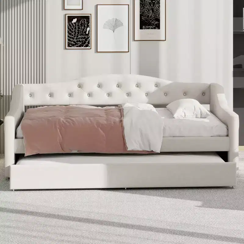 Whisen Upholstered Twin XL Daybed with Trundle and LED Lighting