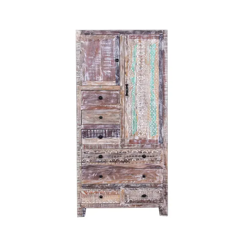Antique White / Brown Solid Wood Armoire with 7 Drawers & 2 Doors