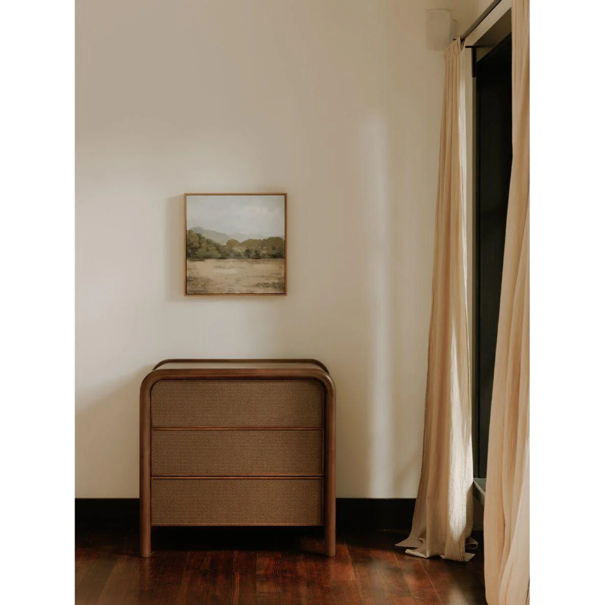 Traditional Solid Mango Wood & Handwoven Rice Straw 3-Drawer Nightstand with Felt-Lined Drawers for Bedroom