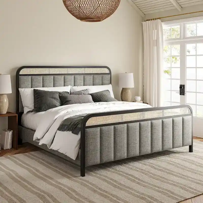 Alphons Modern Solid Wood Frame Ratten Bed with LED Headboard by HULALA HOME
