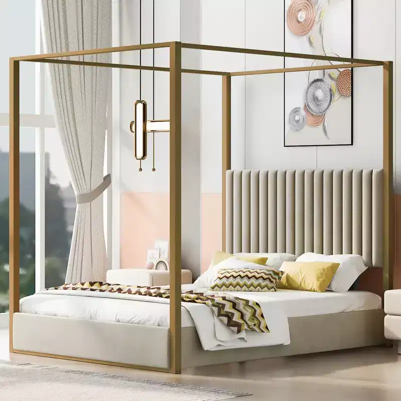 Queen/King Upholstered Canopy Platform Bed with Headboard & Metal Frame