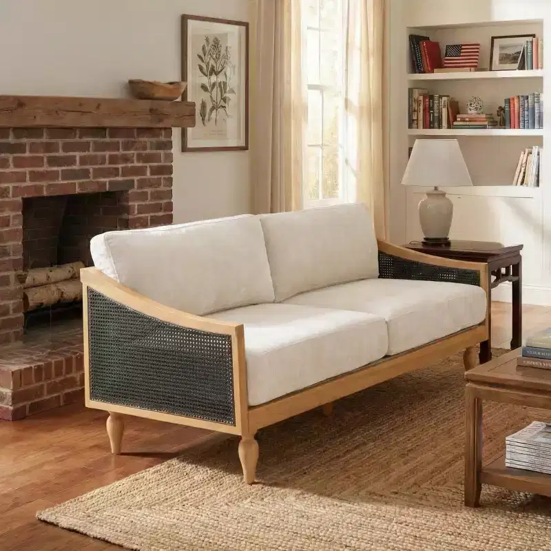 Mid-century Loveseat Sofa with Soft Upholstery, Rattan Armrests & Wooden Legs, 2-Seater Sofa for Living Room, Bedroom, or Apartment-Panipeachy