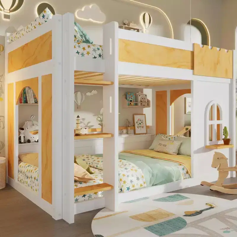 Kids Castle Loft Bunk Bed with Windows, Doors & Convertible Lower Play or Sleep Space