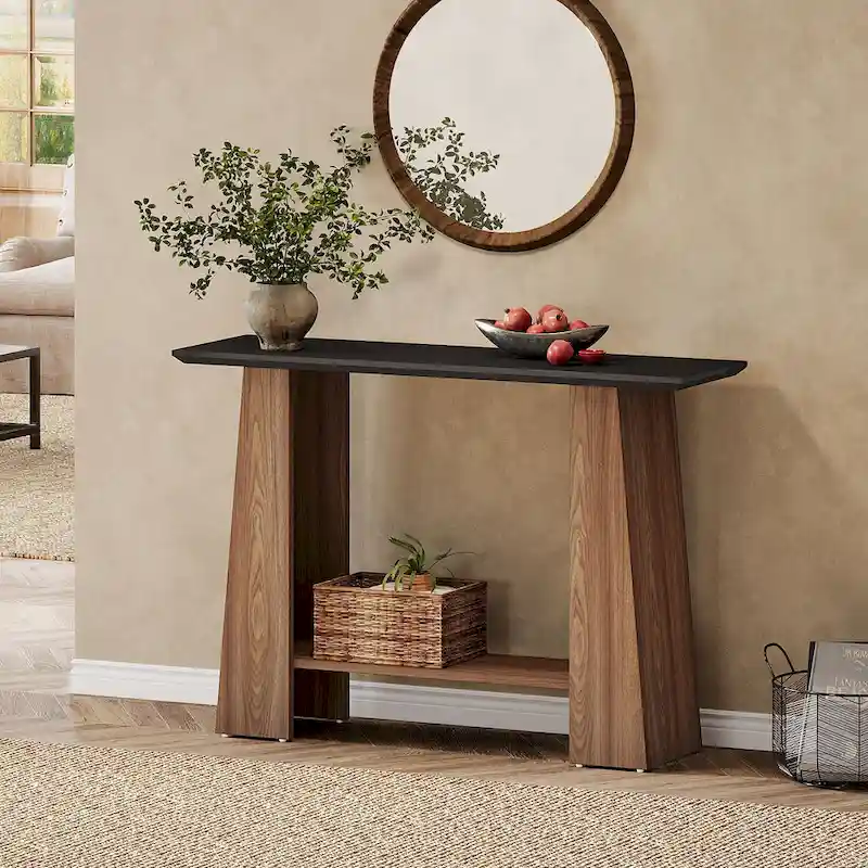 Black & Walnut Console Table with Storage Shelf, 1-Person Assembly, 47