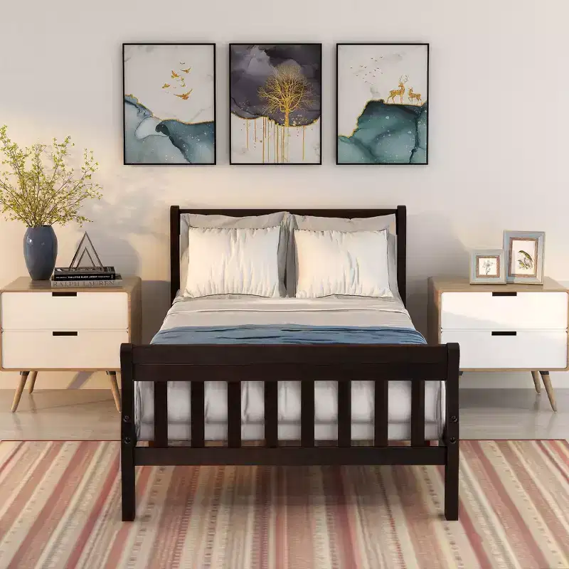 Whisen Twin Size Solid Wood Sleigh Platform Bed with Hollow Headboard and Footboard
