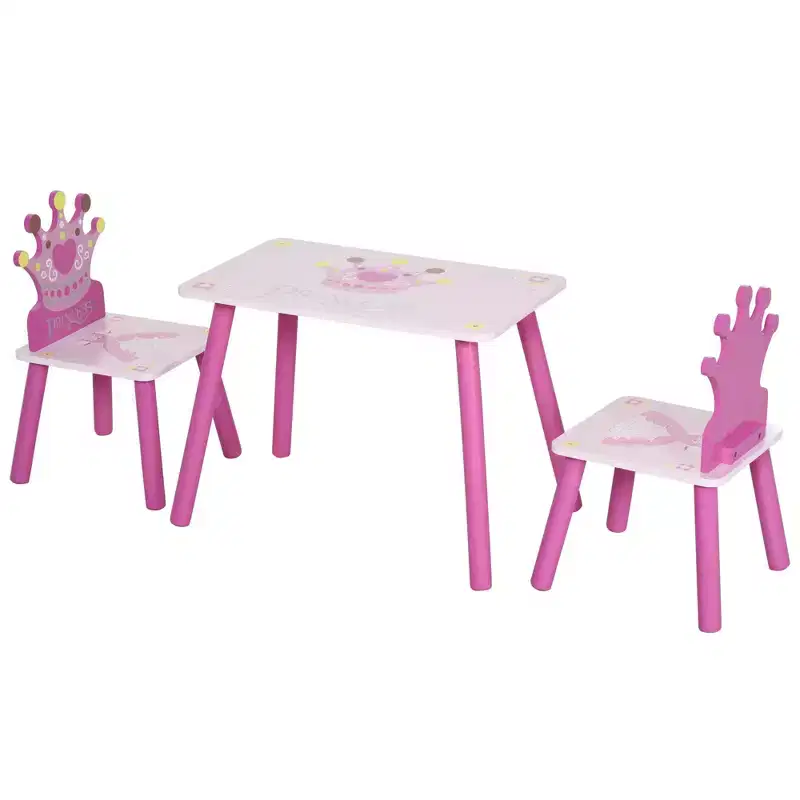 Qaba 3-Piece Kids Wooden Table and Chair Set with Crown Pattern Toddlers Arts Reading Writing Age 2-4 Years Pink