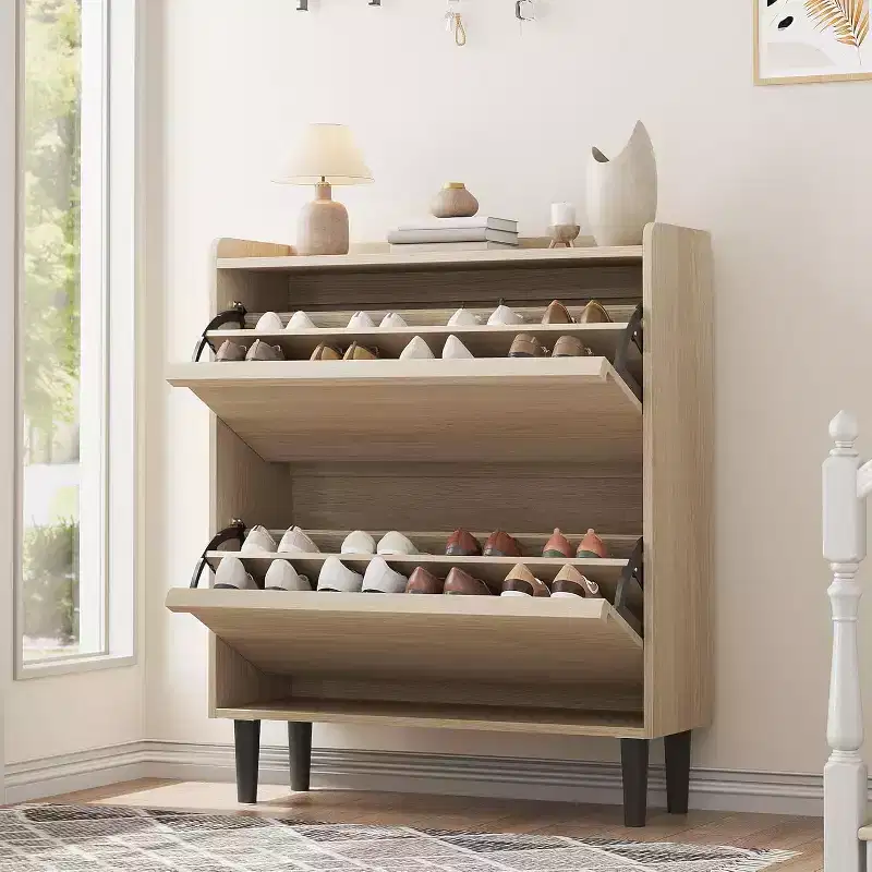 Shoe Cabinet with Flip Drawers, Wooden Shoe Organizer Cabinet with Adjustable Shelf for Entryway