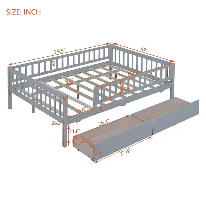Full Size Daybed Wood Bed with Two Drawers Gray