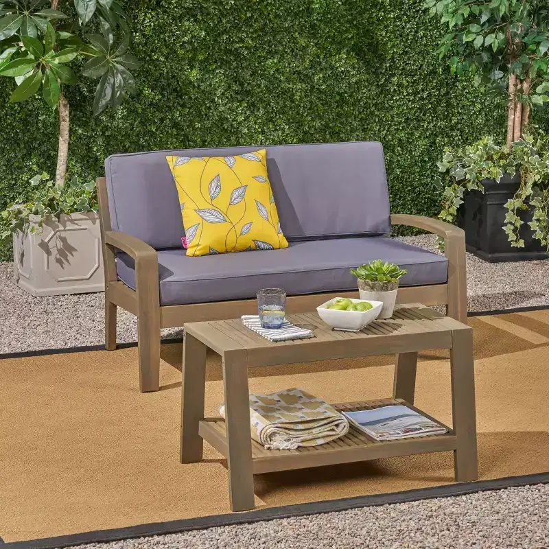 Grenada 2pc Acacia Wood Patio Chat Set - Gray/Dark Gray - Christopher Knight Home: Outdoor Conversation Furniture with Coffee Table