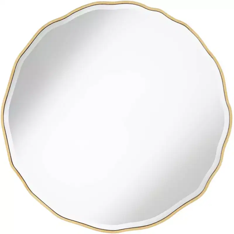 Noble Park Lissa Round Vanity Decorative Wall Mirror Modern Beveled Edge Gold Waved Wood Frame31 1/2 Wide for Bathroom Bedroom Living Room Home House