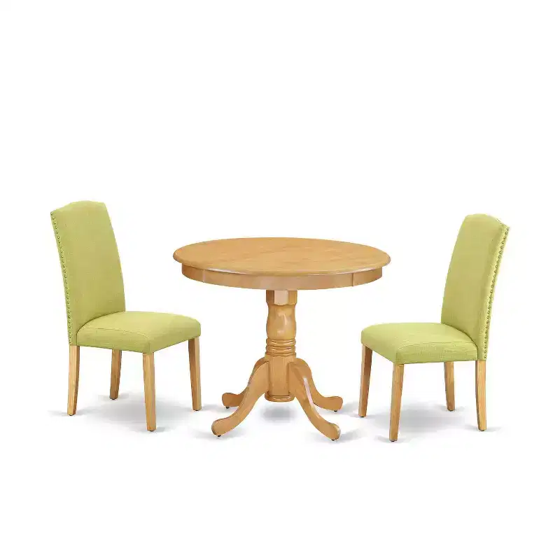 Round Dining Table Set - 36 Inch Table & 2 Chairs - Linen Fabric - Solid Wood Base