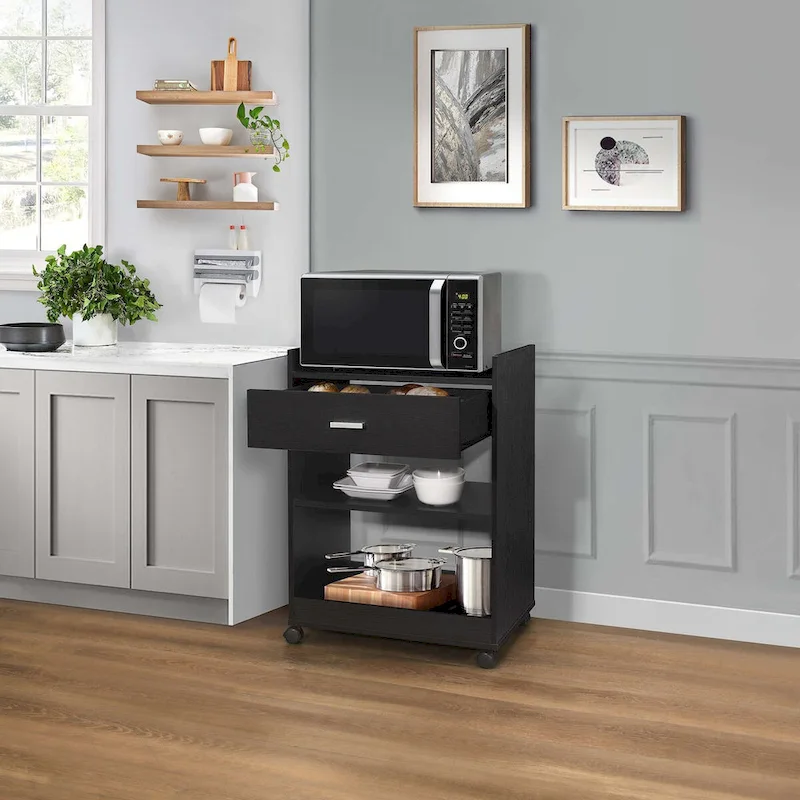 Kitchen Island Microwave Serving Cart Cabinet with Drawer and Shelfs for Storage (Black)