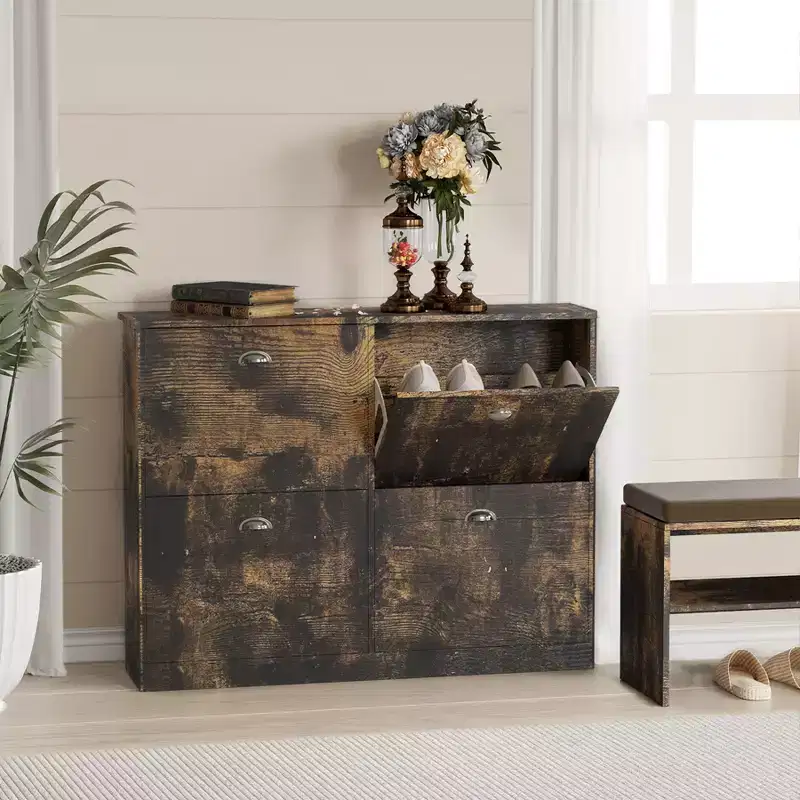 Wooden Shoe Cabinet, Hidden Slim Narrow Shoe Rack Cabinet with 4 Drawers for Entryway, Foyer,Hallway,Bedroom