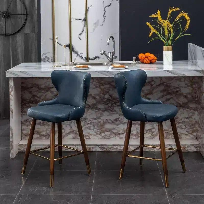 Roundhill Furniture Nevis Mid-century Modern Faux Leather Tufted Nailhead Trim Counter Stool, Blue, Set of 2