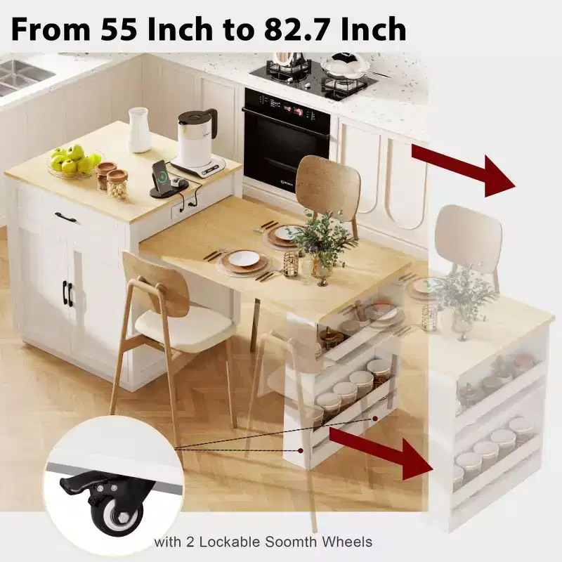 Kitchen with Dining Table, Kitchen Table with Outlet,2 Drawers 2 Side Shelves