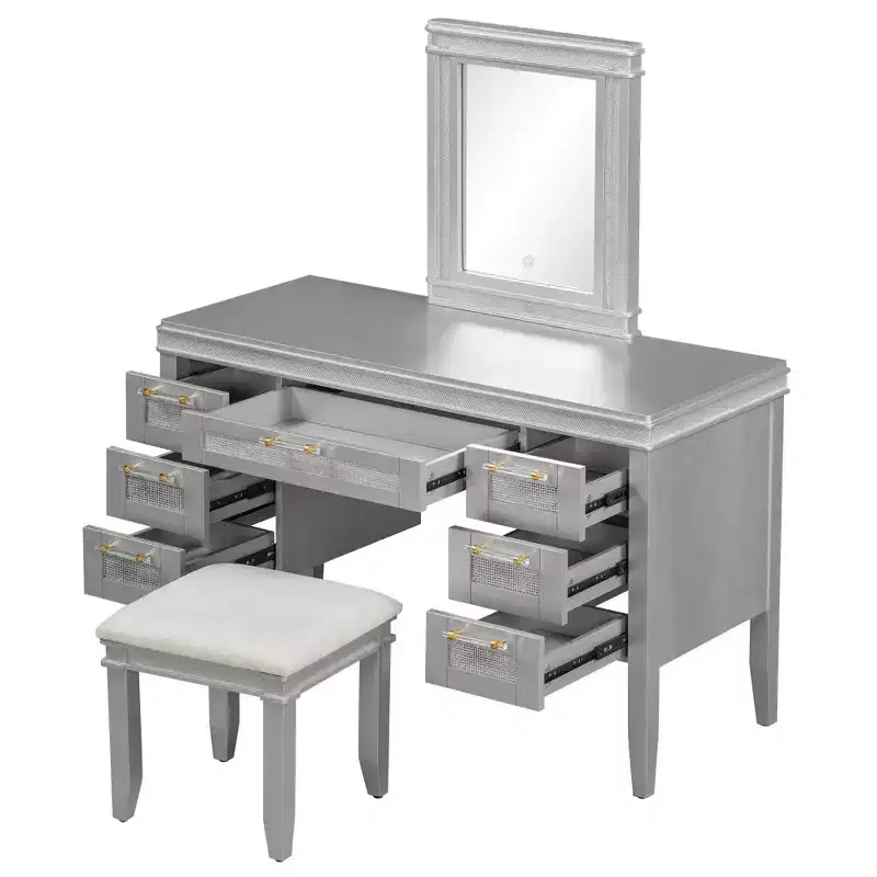 48 Vanity with Mirror & Light, 7 Drawers, Upholstered Stool, Classic Beige, Hollow Drawer Design, Rubberwood Legs Bedroom Style