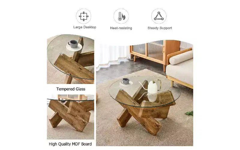 TUYOHW Round Coffee Table with Tempered Glass Top, Modern Unique Center Table with Texture Sticker MDF Legs for Living Room