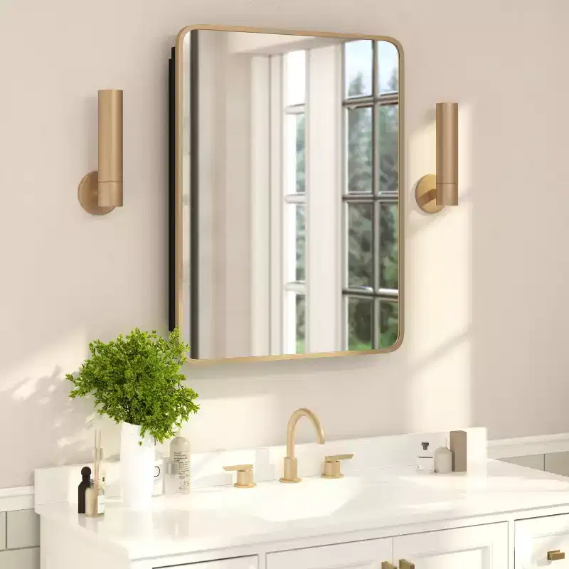 Flash Furniture Jolie Recessed Bathroom Medicine Cabinet with Rounded Beveled Mirror and Reversible Metal Frame