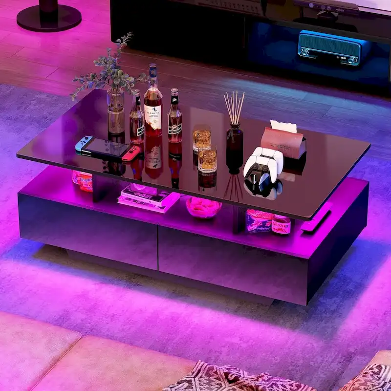 Moasis Modern Glossy Coffee Table with Drawers & LED Lights for Living Room