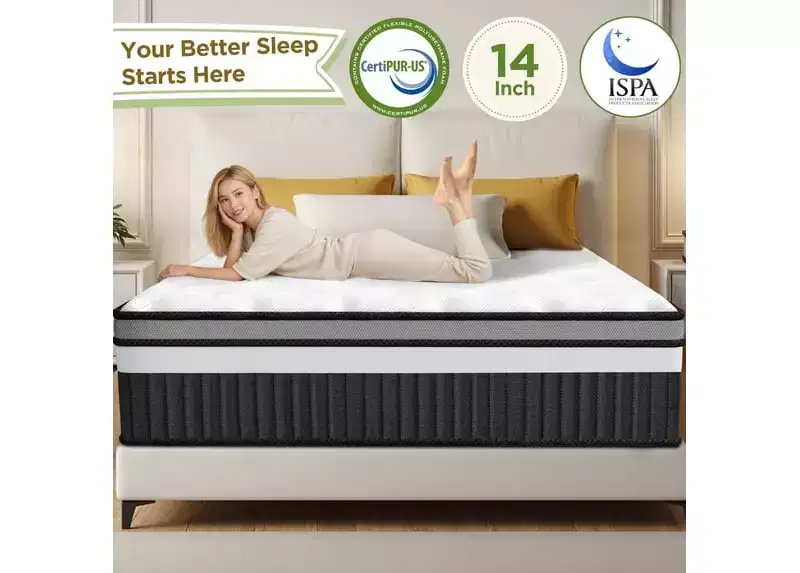 14 Queen Mattress in a Box,Hybrid Memory Foam Queen Size Mattress,Medium Firm Feel,Cooling & Breathable Fabric,Motion Isolation,Zoned Pressure Relief