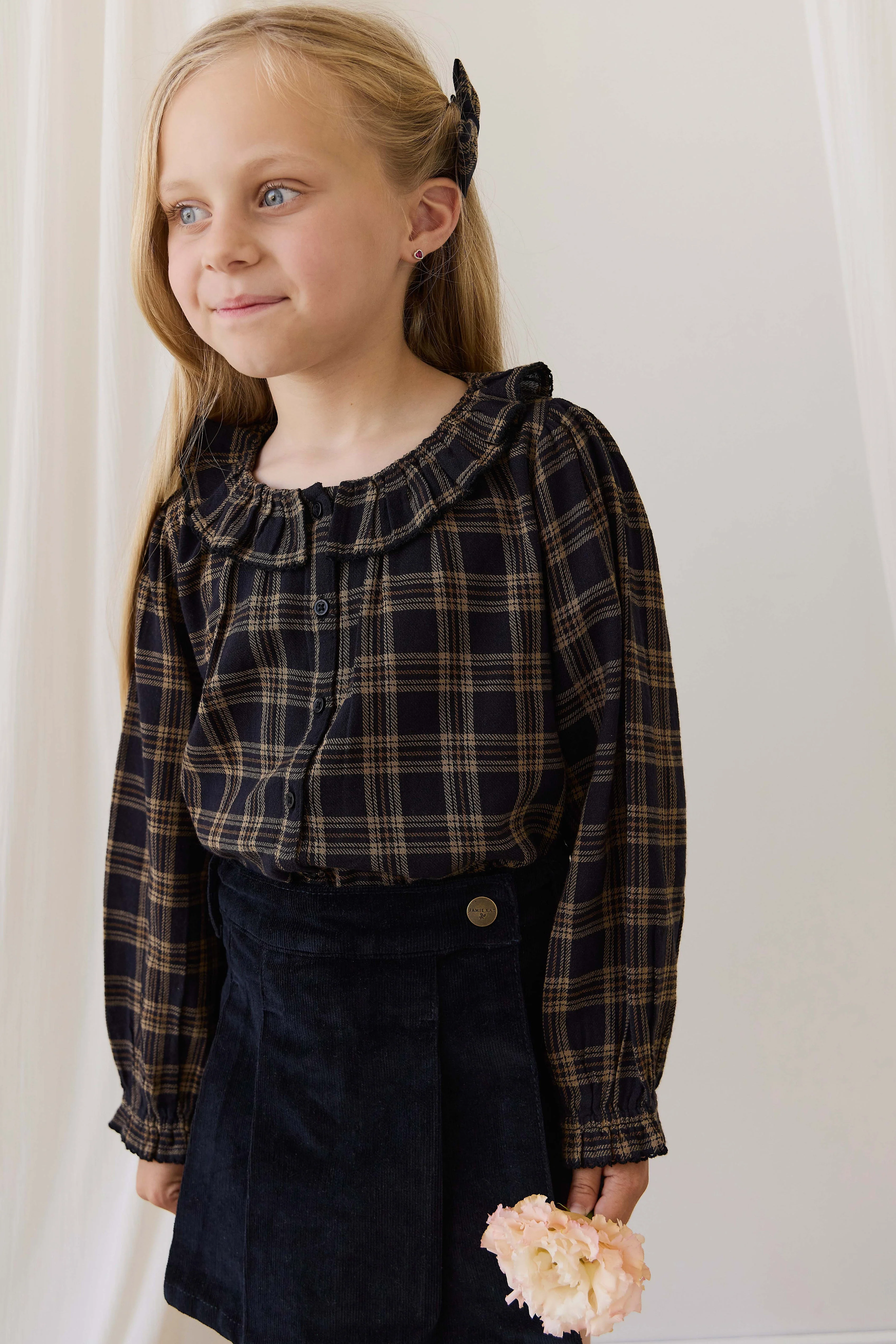 Classic Ebony Corduroy Cotton-Elastane Pleated Skirt with Belt Loops for Girls 1Y–10Y