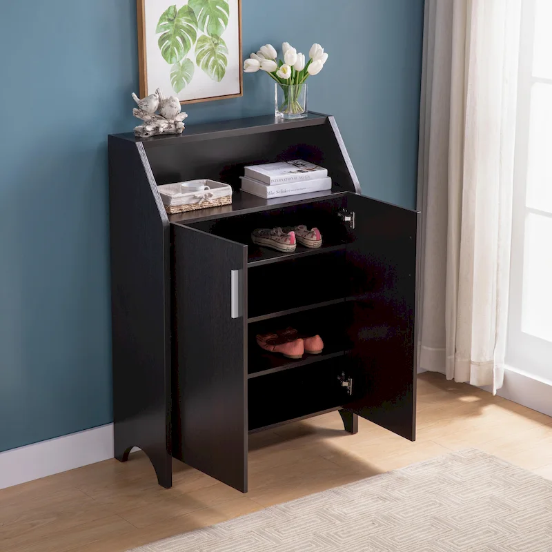 Wooden Two Door Shoe Cabinet with Four Interior Shelves fits 10 Pairs of Shoes for Living Room, Entryway, Bedroom