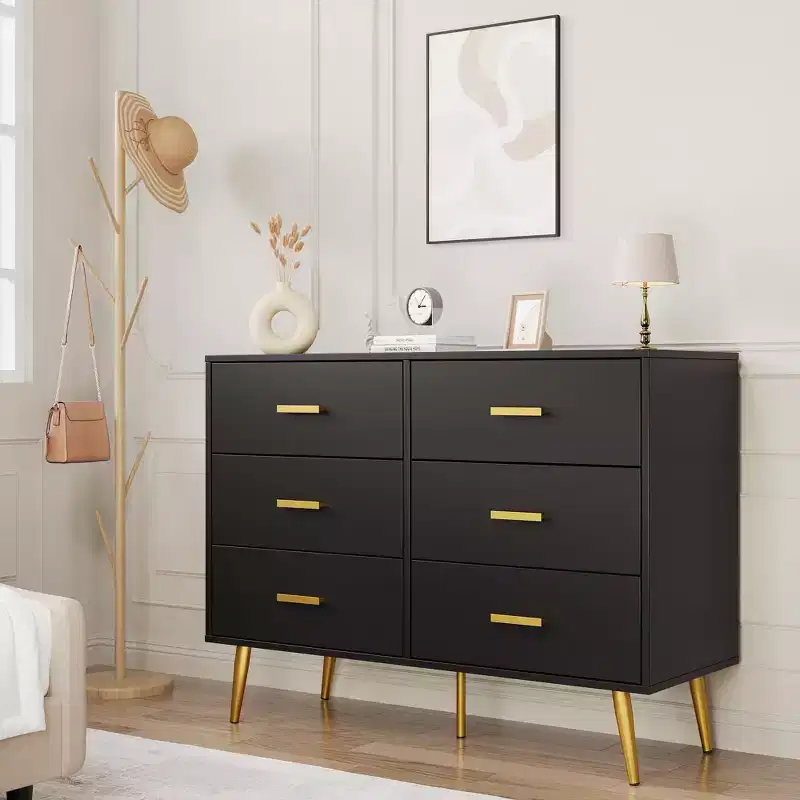 6 Drawer Dresser, Modern Wooden Dresser with Gold Handles and Storage Space, Chest of Drawers for Bedroom, Hallway, Living Room and Entryway