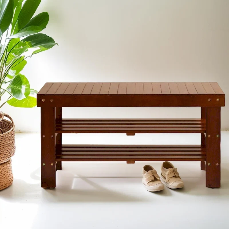 Solid Wood Farmhouse Shoe Bench – Cherry or White, 35