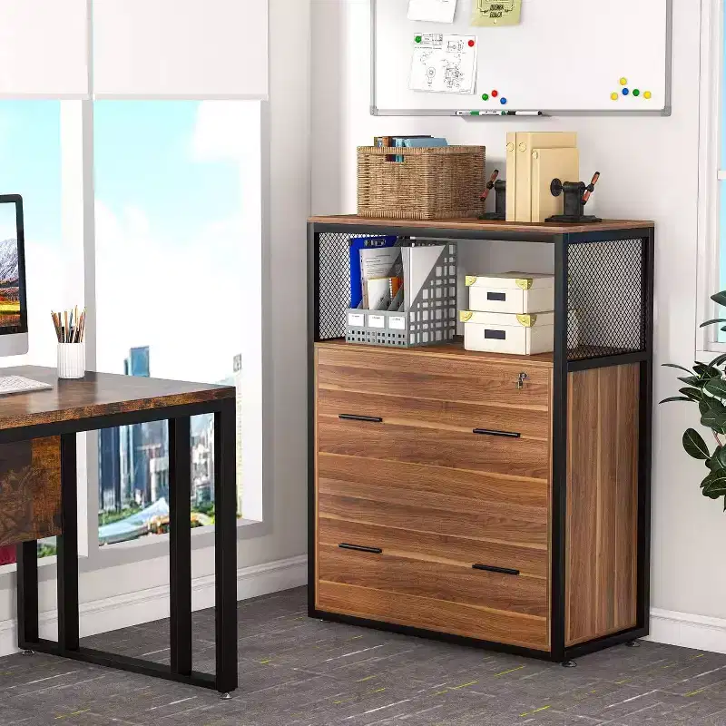 LITTLE TREE 2 Drawer File Cabinet with Lock and Open Storage Shelf Brown
