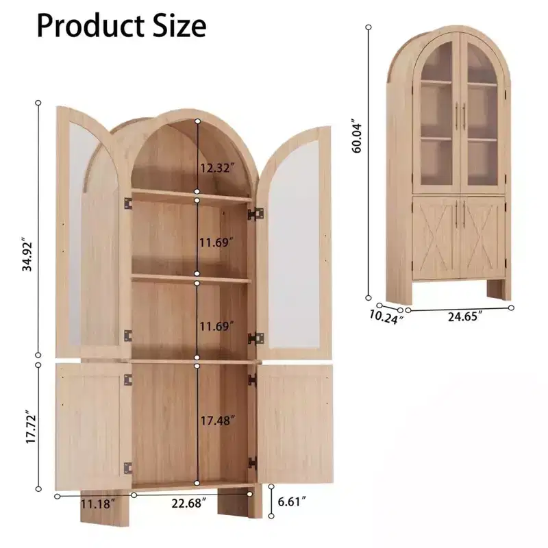 Coolmee 60 Kitchen Pantry Storage Cabinet, Large Arched Display Cabinet with 4 Glass Doors, 4-Tier Freestanding Organizer for Bathroom, Entryway
