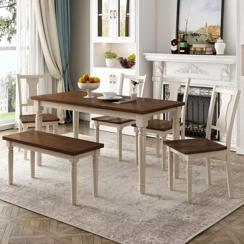 6 Pieces Dining Set Wooden Rectangle Table and 4 Chairs with Bench for Dining Room, Brown+Cottage White