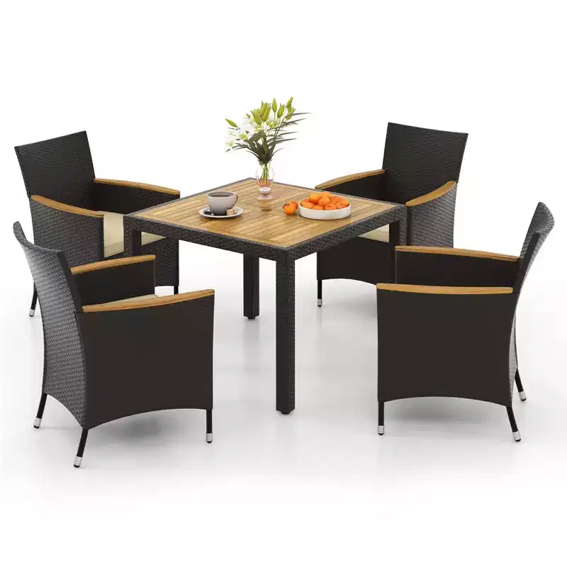 Costway 5 PCS Patio Dining Table Set for 4 Rattan Conversation Set with Umbrella Hole Black/White/Brown