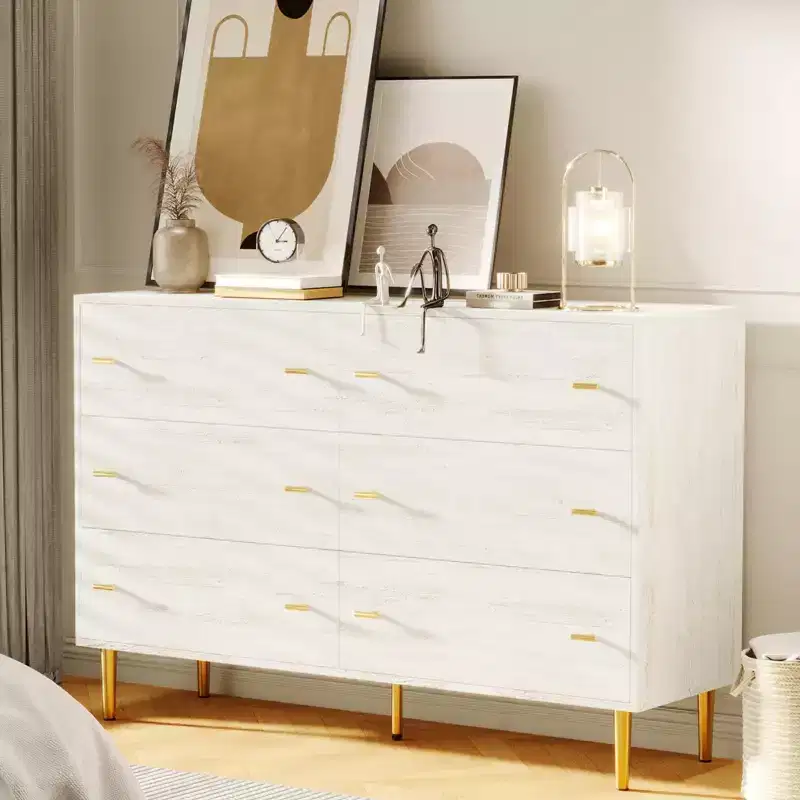 Farmhouse 6 Drawers Dresser for Bedroom, 47.2 Wide White Dresser Wood Rustic Chest of Drawers