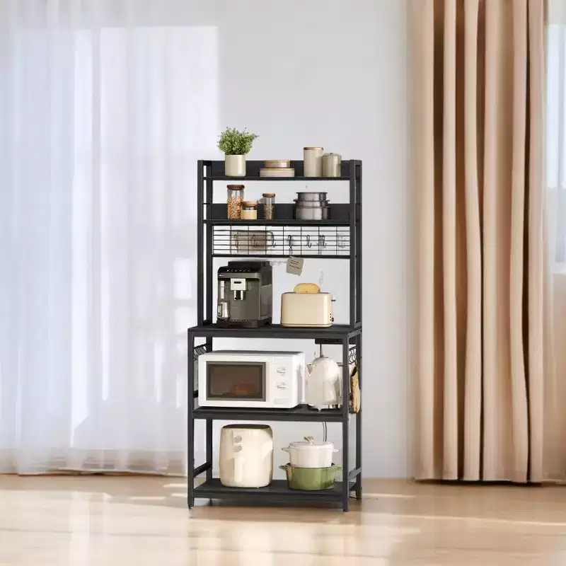 Hutch Bakers Rack with Power Outlet, 14 Hooks Microwave Stand, Adjustable Coffee Bar , Kitchen Storage Shelf, 15.7 x 31.5 x 66.9 Inches