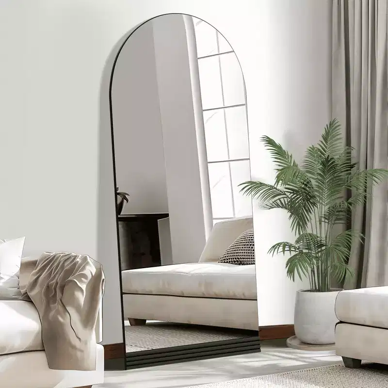 Full-Length Mirror Wooden Bottom Striped Right Angle Arch Black 71x31x1in No Stand