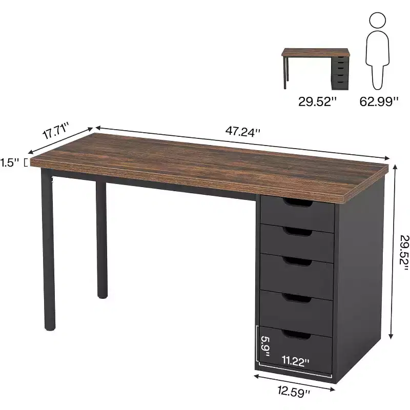47 Rustic Brown Computer Desk with 5 Drawers, Modern Storage & Reversible Cabinet for Small Home Office Spaces