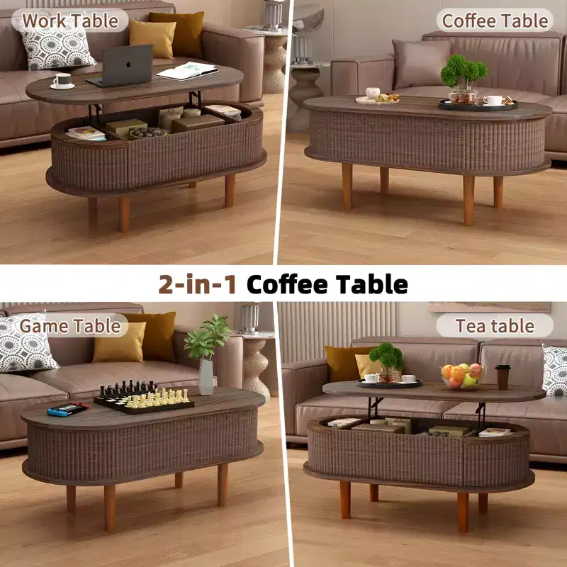 JVNOXK Fluted Lift Top Coffee Table with Hidden Compartment, Wooden Center Table, Modern Oval Lift Tabletop for Home Living Room Office, Walnut Color