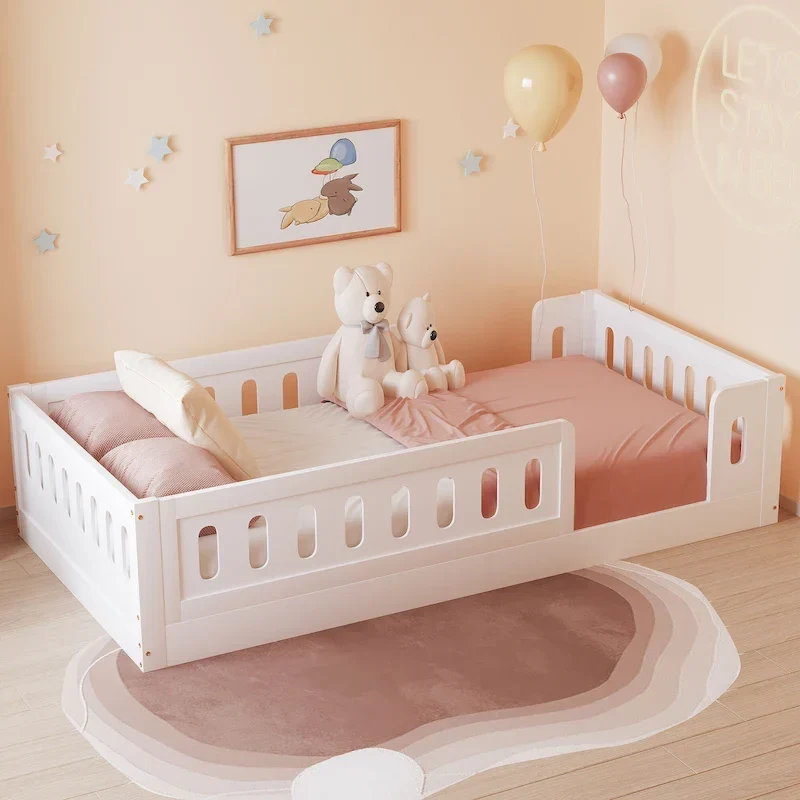 White Modern Design Twin Size Wooden Platform Bed with Guardrail for Bedroom