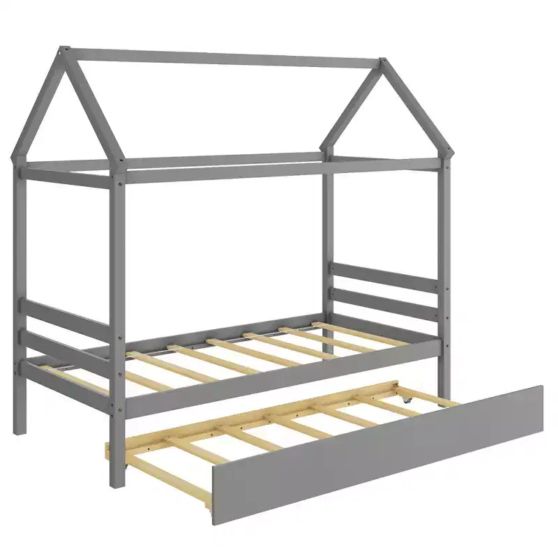 Twin House Bed Frame with Trundle | Wooden Platform Bed for Kids