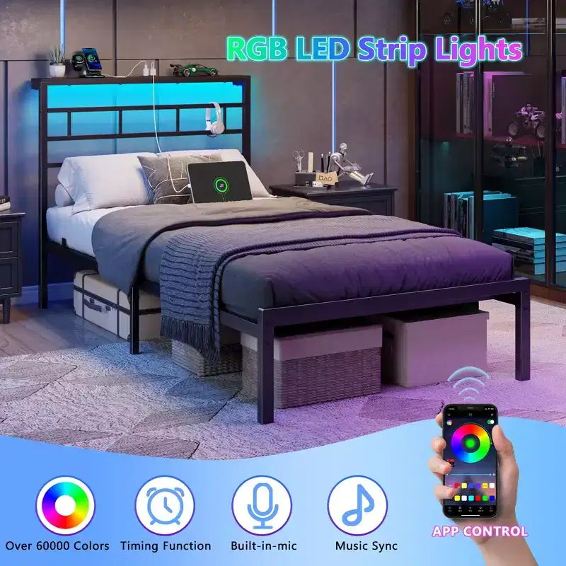 Twin Bed Frame with Charging Station and LED Lights Metal Platform Bed Storage Headboard Noise Free No Box Spring Needed Black Heavy Duty Guest Bed
