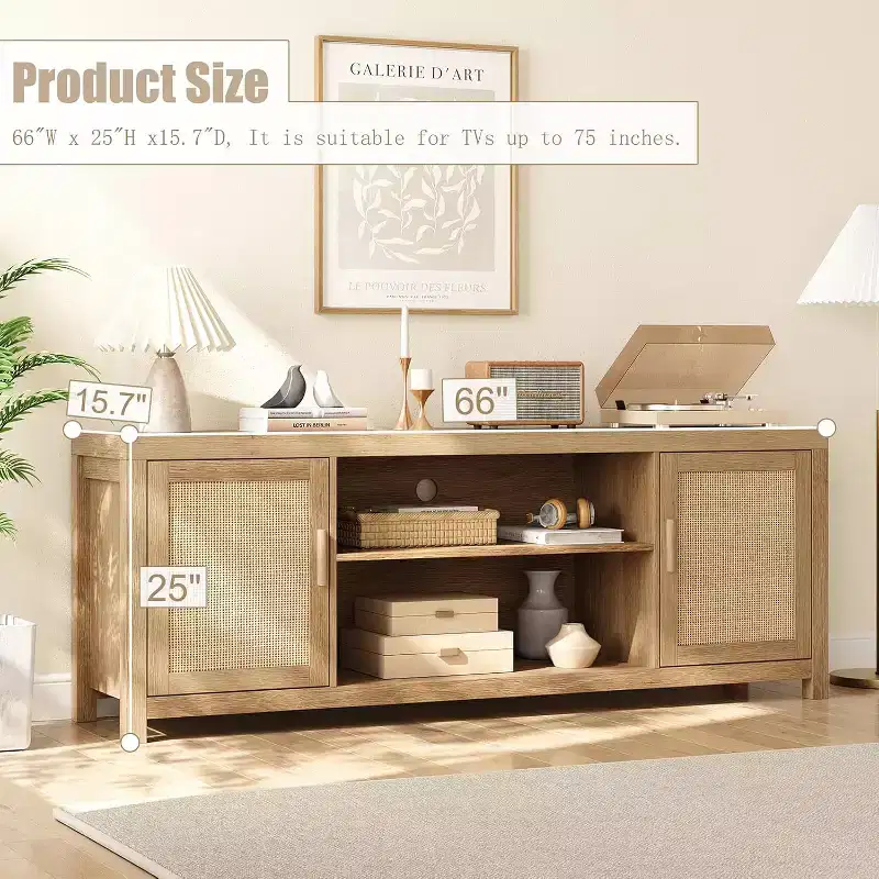 75 Rattan & Oak Boho TV Stand  2-Tier Entertainment Center with Adjustable Shelves, Media Cabinet for Living Room/Bedroom