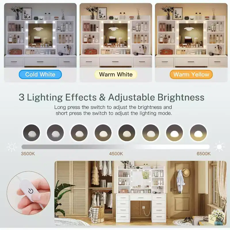 BALHAM TRADE-Vanity Desk with Mirror and Lights 9 Drawers 6 Shelves 3 Lighting Modes Adjustable Brightness
