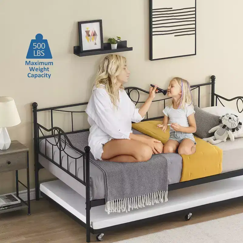 Modern Twin Daybed with Trundle and Backrest, Pull-Out Daybed Sofa Bed, Space-Saving, Easy Assembly, Steel Slat Support, for Living Room, Bedroom